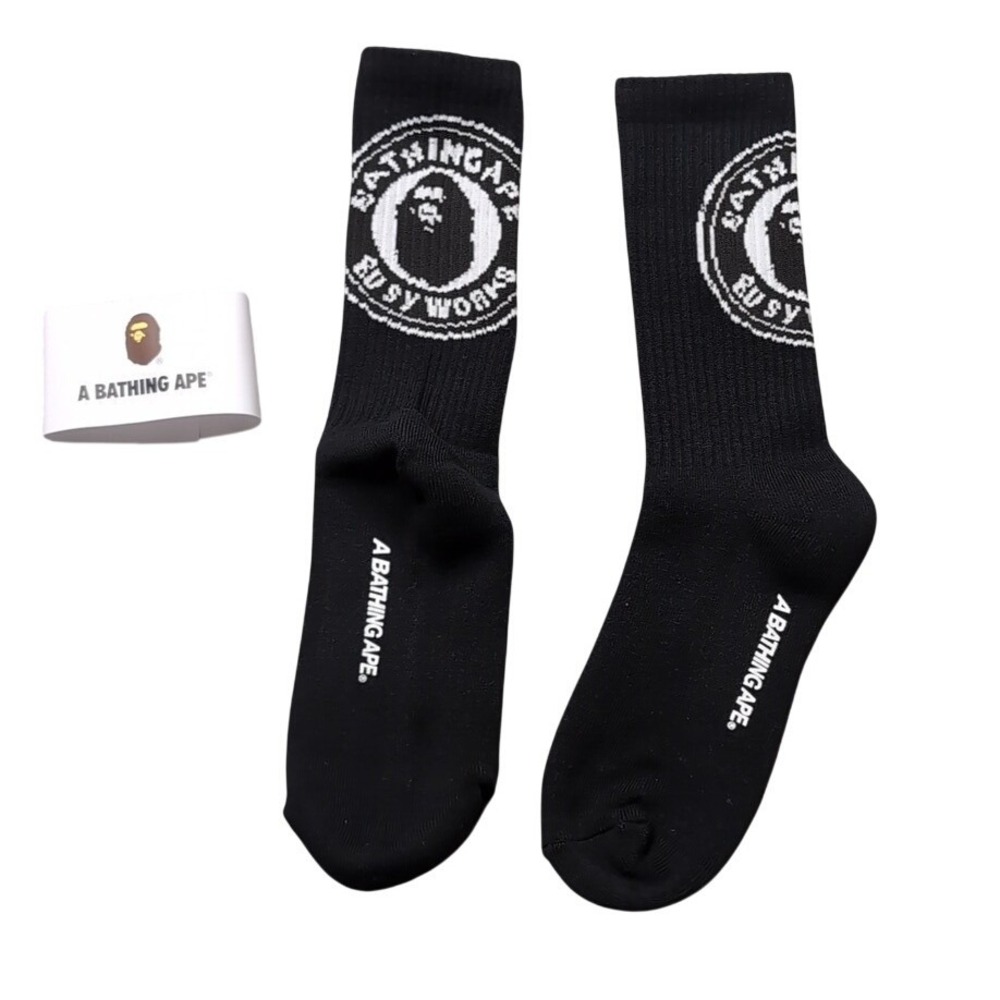 Bape Crew Socks Ape Head Logo Busy Works Mens Womens Unisex Sz 9-11 Black White